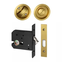 SLIDING WC HOOK LOCK AND HANDLES 55DIA SATIN BRASS SET